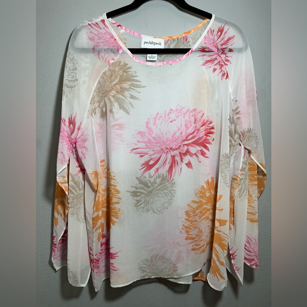 Peck & Peck Women's Floral Blouse Long Open Sleeves Size L